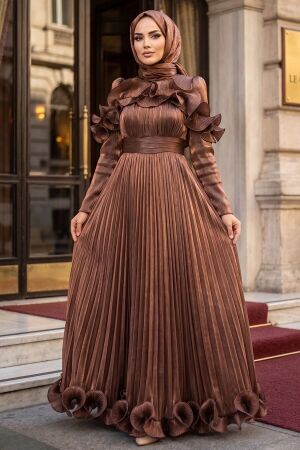 Modest Evening Dress - Ruffle Detailed Copper Modest Evening Dress 56612BKR - 1