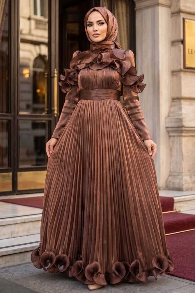 Modest Evening Dress - Ruffle Detailed Copper Modest Evening Dress 56612BKR - 1