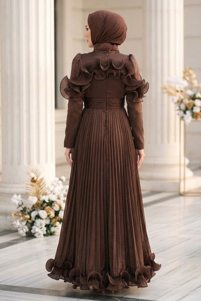 Modest Evening Dress - Ruffle Detailed Dark Brown Modest Evening Dress 56612KKH - 2