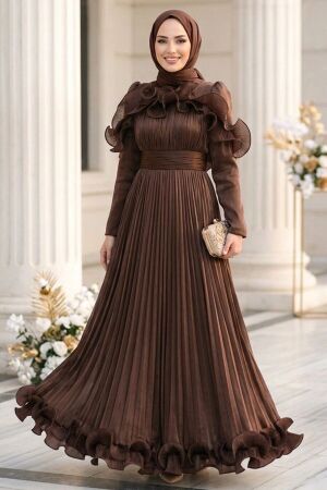 Modest Evening Dress - Ruffle Detailed Dark Brown Modest Evening Dress 56612KKH 