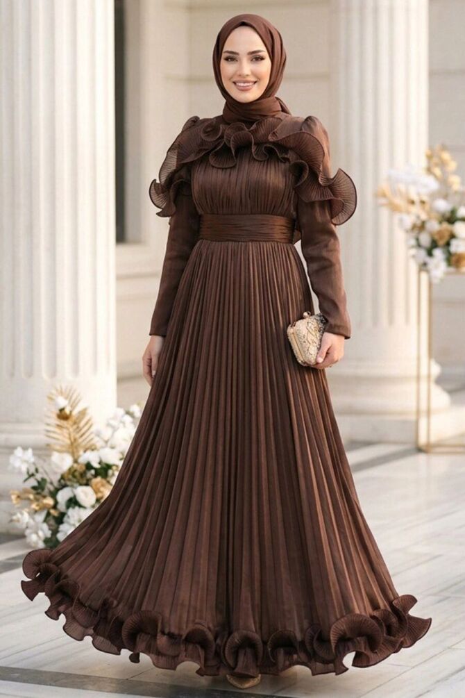 Modest Evening Dress - Ruffle Detailed Dark Brown Modest Evening Dress 56612KKH - 1