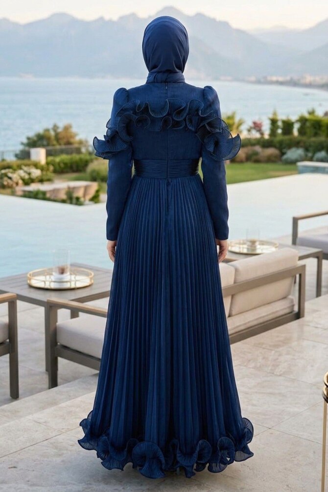 Modest Evening Dress - Ruffle Detailed Dark Navy Blue Modest Evening Dress 56612KL - 2