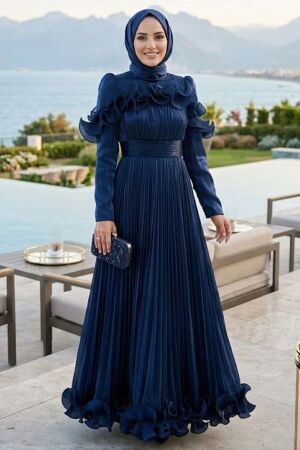 Modest Evening Dress - Ruffle Detailed Dark Navy Blue Modest Evening Dress 56612KL