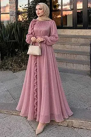 Modest Evening Dress - Ruffle Detailed Dusty Rose Modest Evening Dress 45881GK 