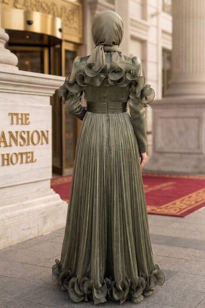 Modest Evening Dress - Ruffle Detailed Khaki Modest Evening Dress 56612HK - 2