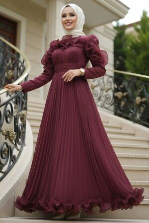 Modest Evening Dress - Ruffle Detailed Koyu Dusty Rose Modest Evening Dress 55691KGK 