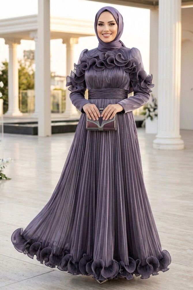 Modest Evening Dress - Ruffle Detailed Koyu Lila Modest Evening Dress 56612KLILA - 1