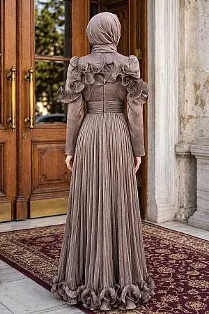 Modest Evening Dress - Ruffle Detailed Koyu Mink Modest Evening Dress 56612KV - 2