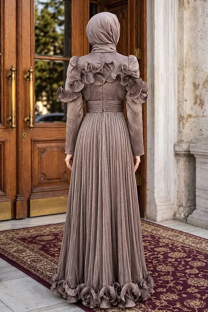 Modest Evening Dress - Ruffle Detailed Koyu Mink Modest Evening Dress 56612KV - 2