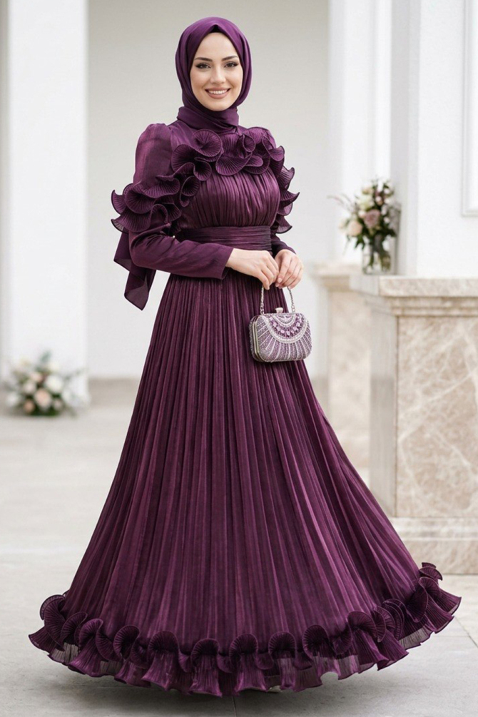 Modest Evening Dress - Ruffle Detailed Koyu Purple Modest Evening Dress 56612KMOR - 1
