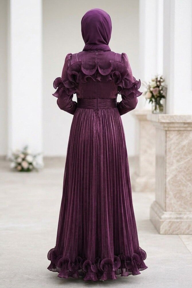 Modest Evening Dress - Ruffle Detailed Koyu Purple Modest Evening Dress 56612KMOR - 2