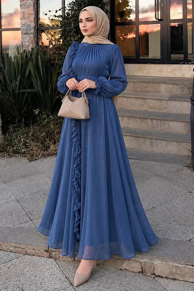 Modest Evening Dress - Ruffle Detailed Navy Blue Modest Evening Dress 45881L - 1