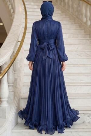 Modest Evening Dress - Ruffle Detailed Navy Blue Modest Evening Dress 48231L - 2