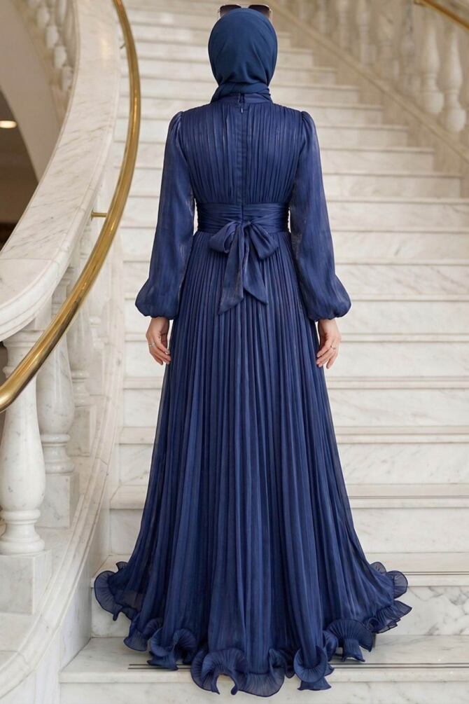 Modest Evening Dress - Ruffle Detailed Navy Blue Modest Evening Dress 48231L - 2