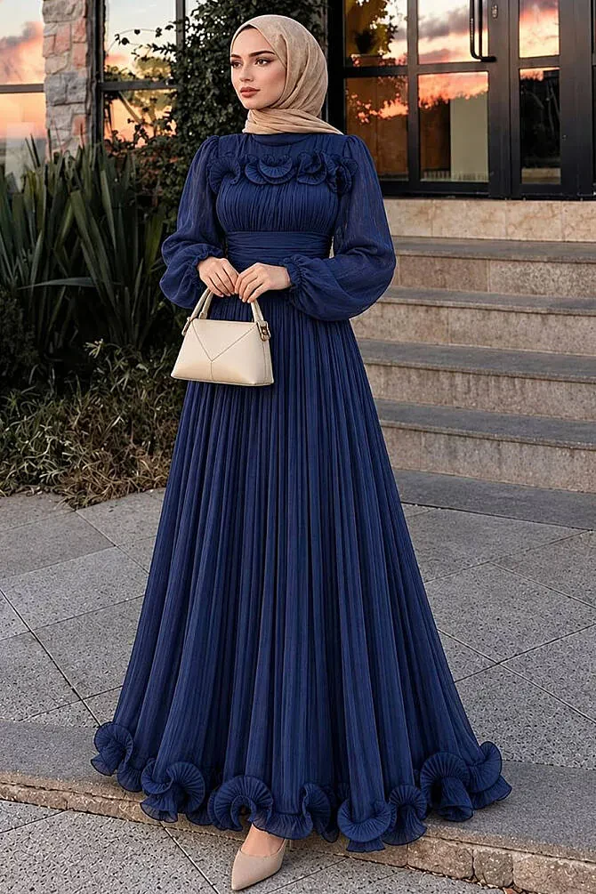 Modest Evening Dress - Ruffle Detailed Navy Blue Modest Evening Dress 48231L - N.S NEVA STYLE