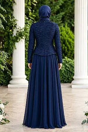 Modest Evening Dress - Ruffle Detailed Navy Blue Modest Evening Dress 54912L - 2