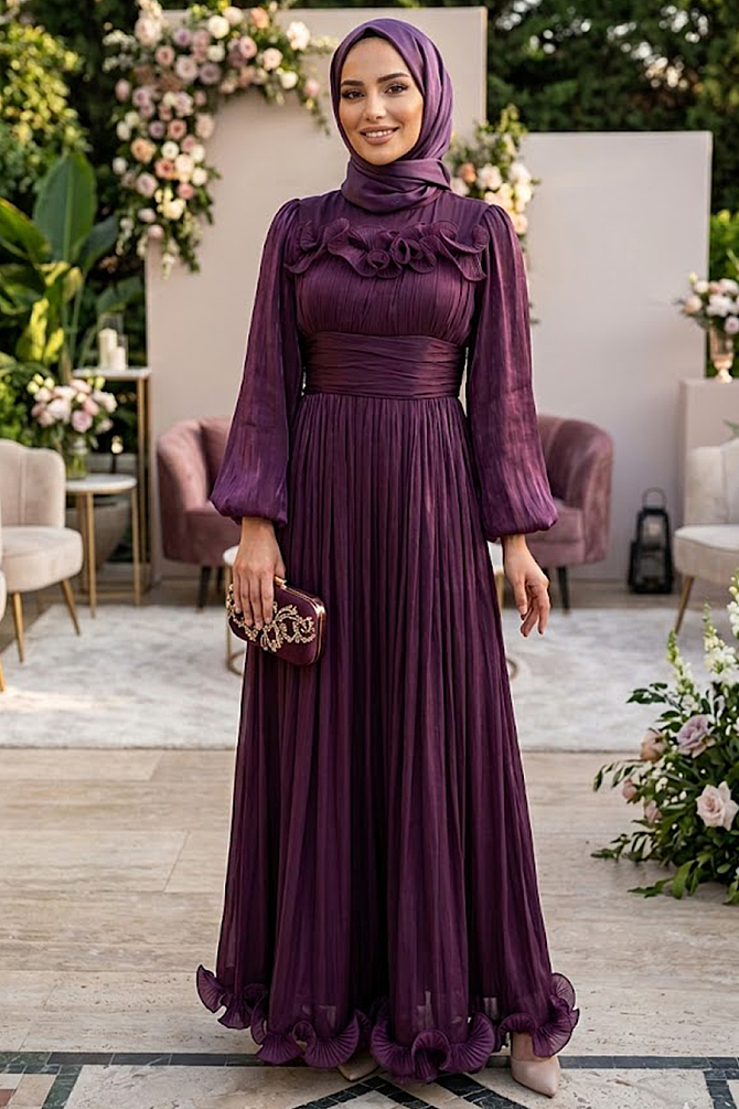 Modest Evening Dress - Ruffle Detailed Plum Modest Evening Dress 48231MU - 1