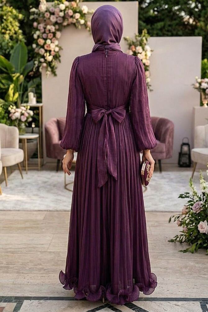 Modest Evening Dress - Ruffle Detailed Plum Modest Evening Dress 48231MU - 2