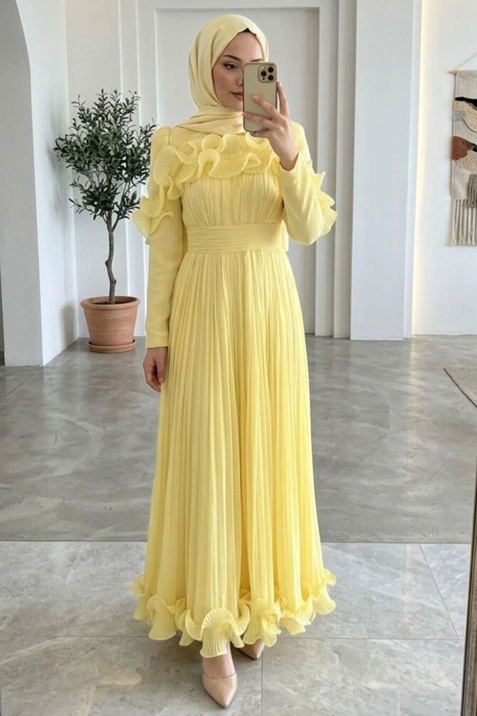 Modest Evening Dress - Ruffle Detailed Yellow Modest Evening Dress 55691SR - 1
