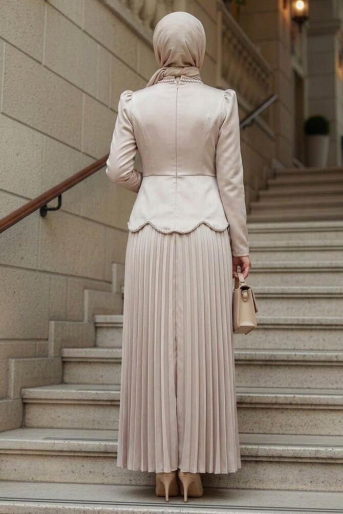 Modest Evening Dress - Satin Beige Modest Evening Dress 5462BEJ - 2