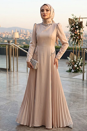 Modest Evening Dress - Satin Beige Modest Evening Dress 80145BEJ - 1