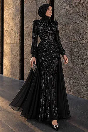 Modest Evening Dress - Satin Black Embellished Modest Evening Dress 56061S - 1