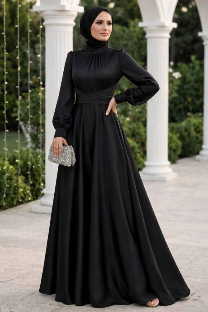 Modest Evening Dress - Satin Black Modest Evening Dress 6297S - 1