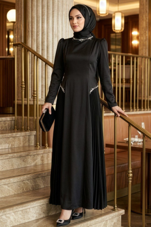 Modest Evening Dress - Satin Black Modest Evening Dress 80145S 