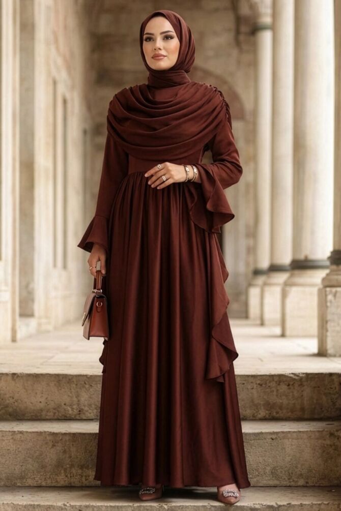 Modest Evening Dress - Satin Brown Modest Evening Dress 55461KH - 1