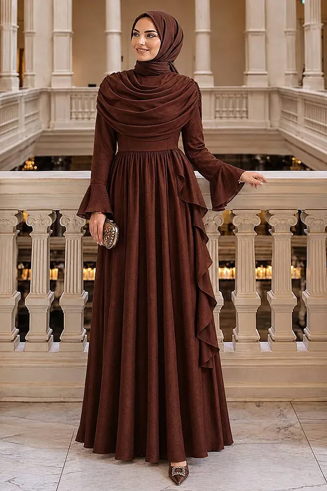 Modest Evening Dress - Satin Brown Modest Evening Dress 55461KH - 1