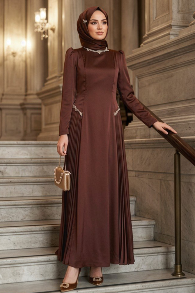 Modest Evening Dress - Satin Brown Modest Evening Dress 80145KH - 1