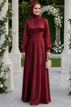 Modest Evening Dress - Satin Burgundy Modest Evening Dress 6297BR - 1