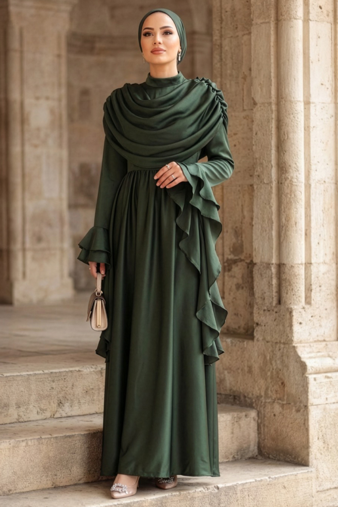 Modest Evening Dress - Satin Khaki Modest Evening Dress 55461HK - 1