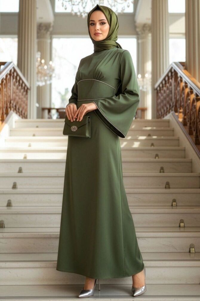 Modest Evening Dress - Satin Khaki Modest Evening Dress 61592HK - 1