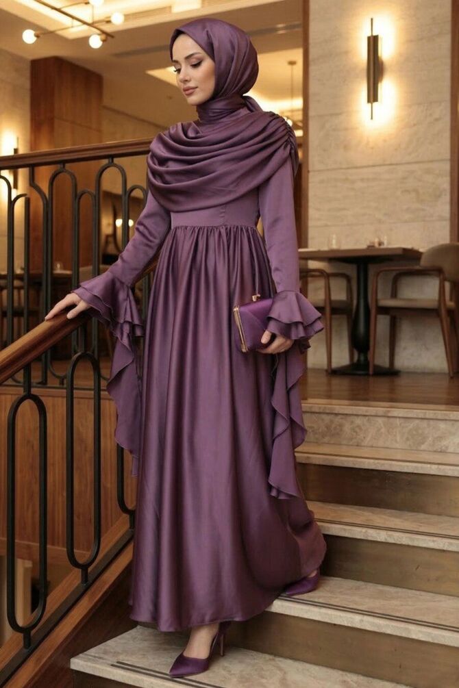 Modest Evening Dress - Satin Koyu Dusty Rose Modest Evening Dress 55461KGK - 1