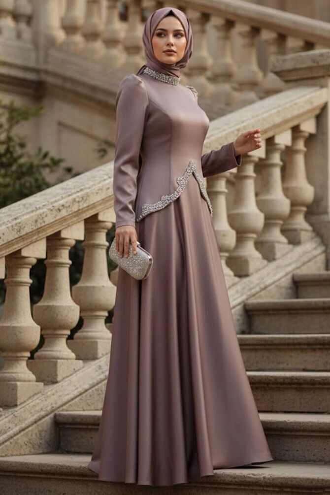 Modest Evening Dress - Satin Koyu Mink Modest Evening Dress 5459KV - 1