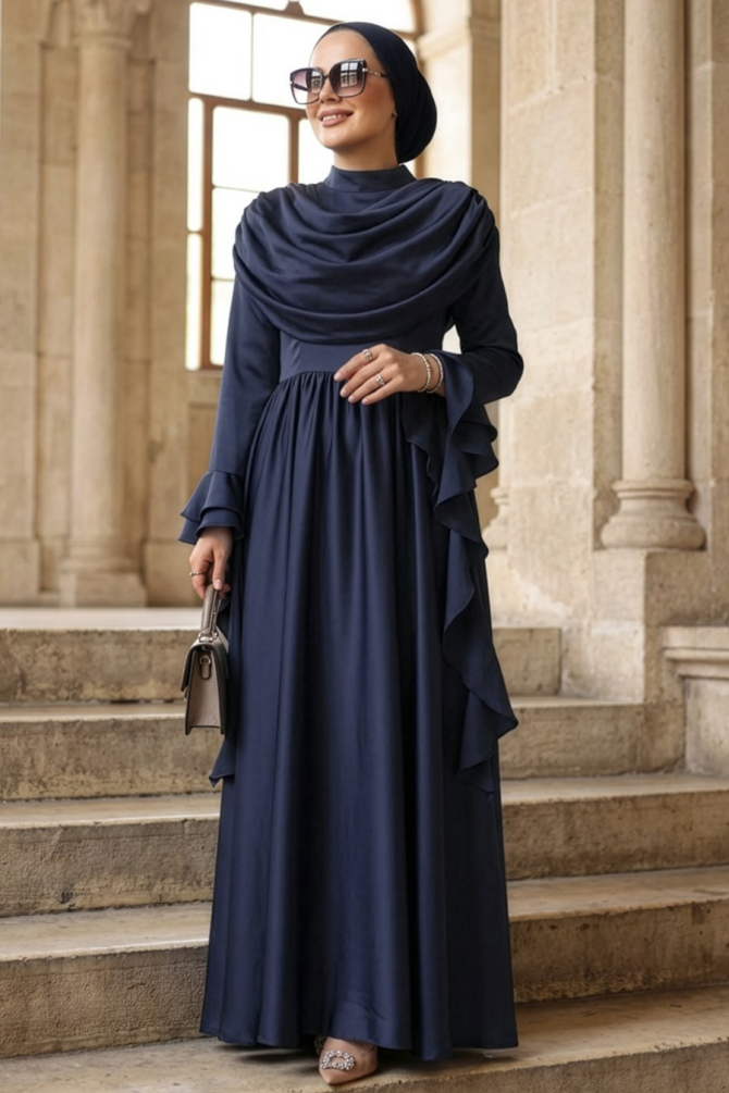 Modest Evening Dress - Satin Navy Blue Modest Evening Dress 55461L - 1