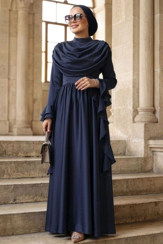 Modest Evening Dress - Satin Navy Blue Modest Evening Dress 55461L - 1