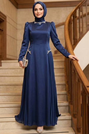 Modest Evening Dress - Satin Navy Blue Modest Evening Dress 80145L 