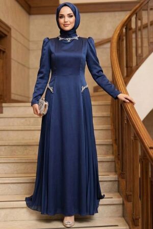 Modest Evening Dress - Satin Navy Blue Modest Evening Dress 80145L - 1