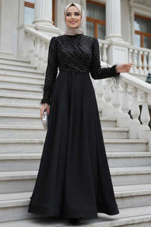 Modest Evening Dress - Sequin Bead Embroidered Black Modest Evening Dress 47963S 