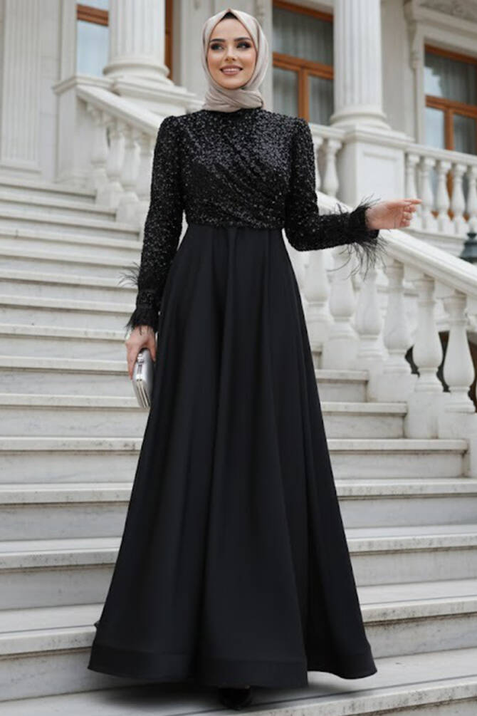 Modest Evening Dress - Sequin Bead Embroidered Black Modest Evening Dress 47963S - 1