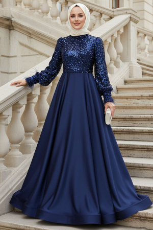 Modest Evening Dress - Sequin Bead Embroidered Navy Blue Modest Evening Dress 47963L - 1