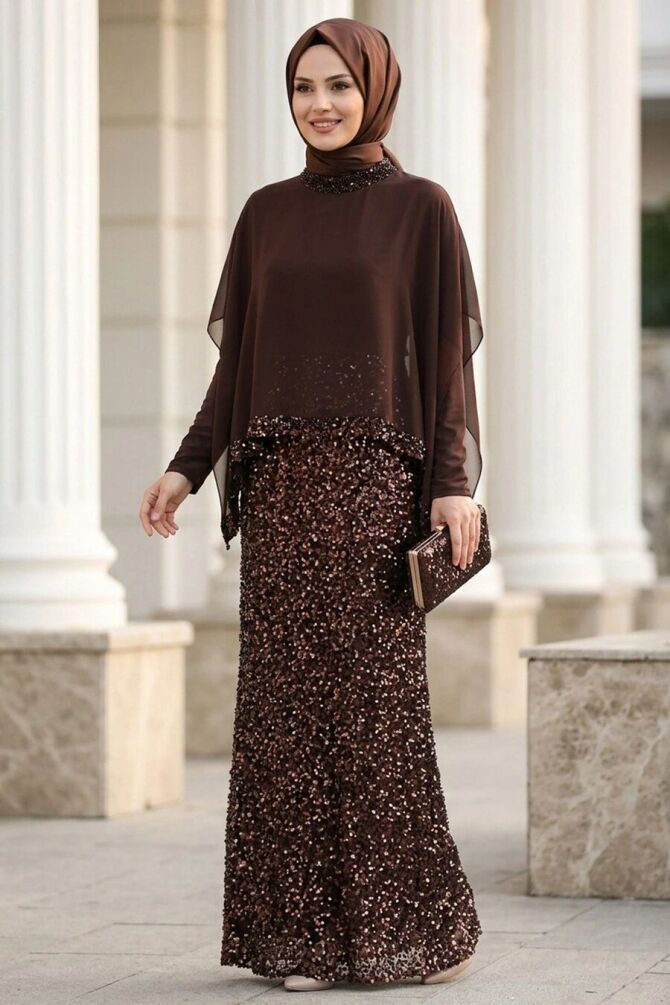 Modest Evening Dress - Sequin Payetli Dark Brown Modest Evening Dress 48282KKH - 1