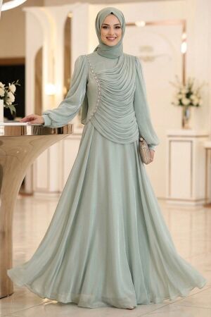 Modest Evening Dress - Shimmering Almond Green Drapeli Modest Evening Dress 57091CY 