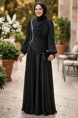 Modest Evening Dress - Shimmering Black Drapeli Modest Evening Dress 57091S - 1
