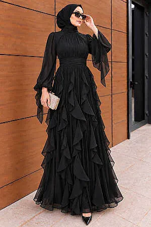 Modest Evening Dress - Shimmering Black Ruffle Drapeli Modest Evening Dress 48532S - N.S NEVA STYLE