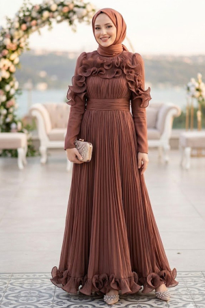 Modest Evening Dress - Shimmering Brown Ruffled Pleated Modest Evening Dress 55691KH - 1