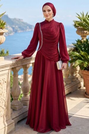 Modest Evening Dress - Shimmering Burgundy Drapeli Modest Evening Dress 57091BR 