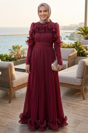 Modest Evening Dress - Shimmering Burgundy Ruffled Pleated Modest Evening Dress 55691BR 